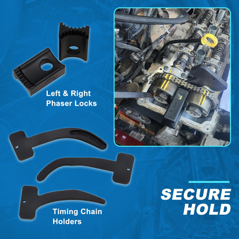 3.6L Pentastar Timing Tool Kit with Camshaft Holders and Crankshaft Pulley Wrench on engine with phaser locks shown