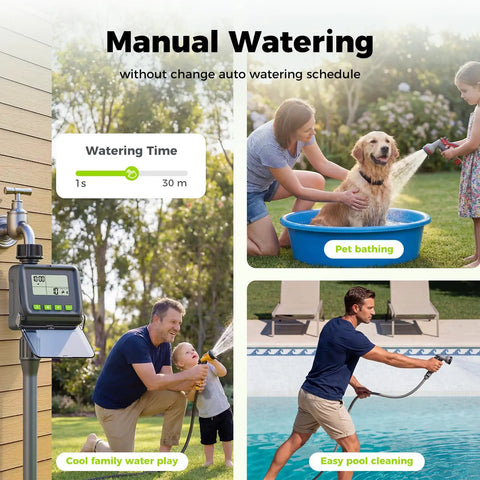 Sprinkler Timer For Garden Hose, No Fuss Programmable Watering Scheduler With Rain Delay in use for various outdoor activities
