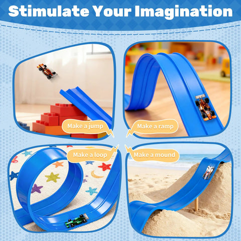 Children playing creatively with 16 Ft Flexible Roll Up Race Car Track Set With Suction Cups, making jumps and loops indoors.