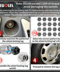 Instructions for using the 22 Piece Wheel Locking Nut Key Kit for Audi 2002-2012 with images of wheel lugs and sockets.