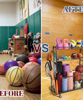 Before and after of a gym; left shows scattered balls, right shows Garage Ball Storage Organizer With Rolling Cart And 2 Large Bins.