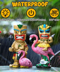 2 Pack Tiki Solar Lights 11.8 Inch Outdoor Tiki Statue Garden Torch Lamps With Flickering Eyes in Flamingo Theme, waterproof design
