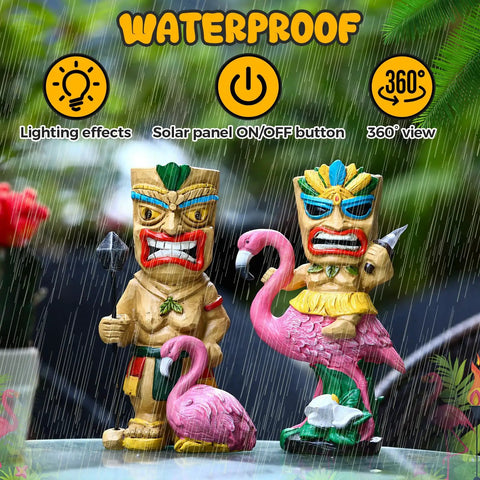 2 Pack Tiki Solar Lights 11.8 Inch Outdoor Tiki Statue Garden Torch Lamps With Flickering Eyes in Flamingo Theme, waterproof design