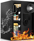 Two Point Eight Cu Ft Steel Electronic Safe Box For Home And Office With Digital Lock Documents Money Jewelry Big Capacity Storage Sensor Light Removable Shelf Quiet Mute Function Heavy Duty Security Vault, with open door showing contents, fire and water resistant features visible.