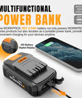 WORKPROX 20V 2.0Ah multifunctional power bank with digital display and USB ports, charges devices like smartphones.