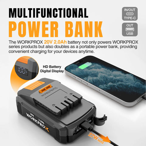 WORKPROX 20V 2.0Ah multifunctional power bank with digital display and USB ports, charges devices like smartphones.