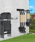 Heavy Duty Folding Chair Storage Rack Set for Garage and Home installed on exterior wall, holding chairs and shovels with space-saving design.