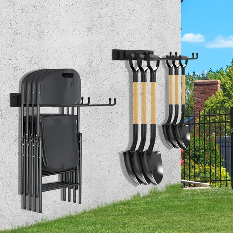 Heavy Duty Folding Chair Storage Rack Set for Garage and Home installed on exterior wall, holding chairs and shovels with space-saving design.