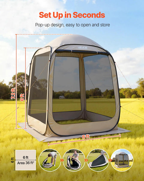 6x6 Ft Pop Up Screen Tent For 4 To 8 People Portable Screen Room Gazebo shown installed on grass with netting and stakes.