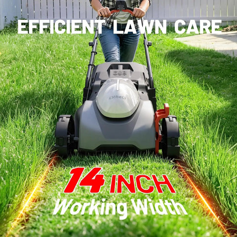 Cordless Electric Lawn Mower With Brushless Motor, 14 Inch Cutting Width mowing grass, adjustable height, efficient lawn care.