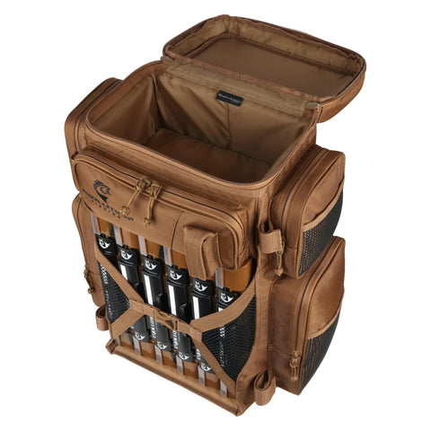 Drift Series 3700 Tackle Backpack With QuikLatch System And Two Rod Holders Coyote Color Open Access With Six Tackle Trays