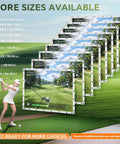 Various sizes of Golf Simulator Impact Screen For Home And Garage Training displayed, with golfer at tee, virtual course shown.