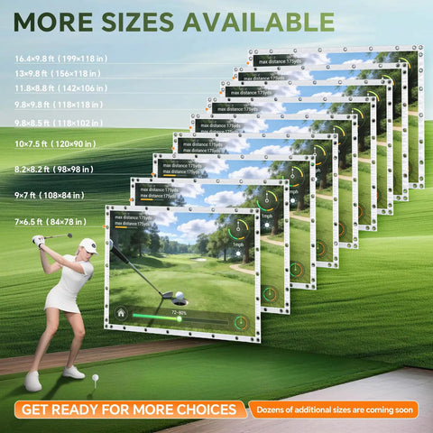 Various sizes of Golf Simulator Impact Screen For Home And Garage Training displayed, with golfer at tee, virtual course shown.