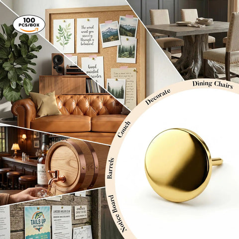 Reliable Heavy Duty Gold Thumb Tacks Boss Level Needlepoint Push Pins For Walls And Cork Boards Gonna Stay Put Without Bending Premium Steel Home Decor Fixtures shown with cork board decor and furniture.