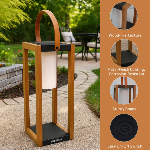 Rustic Solar Lantern for Outdoor Use with Portable Handle, 22 Inch Tall, wood-like texture, on garden pathway