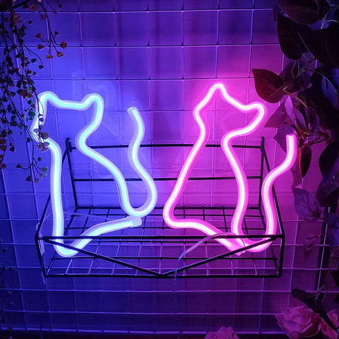 Pink Cat Neon Sign LED Light powered by USB or three AA batteries, wall-mounted for desk, table decor, bedroom, party vibe.