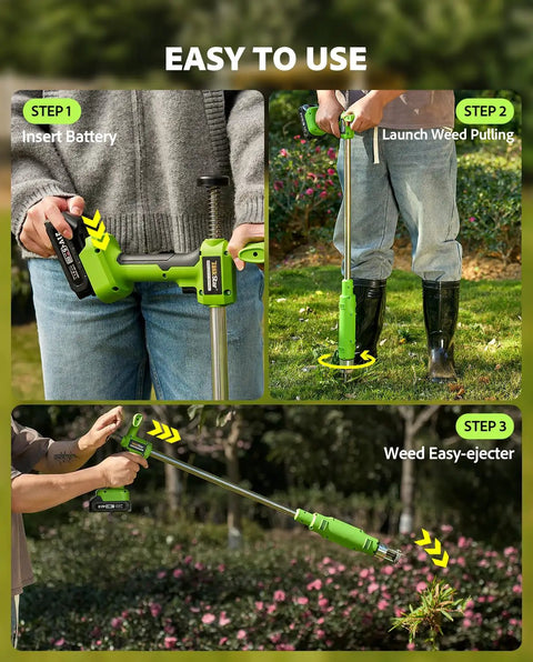 TaskStar 21V Battery Powered Weed Puller Tool With Two 2000Mah Batteries shown in use steps for easy weed removal.