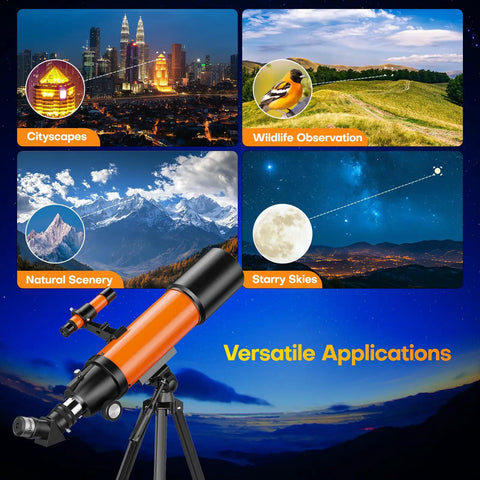 90mm Refractor Telescope For Beginners And Kids With Tripod And Phone Mount, Portable Stargazing Kit, shown with nature views