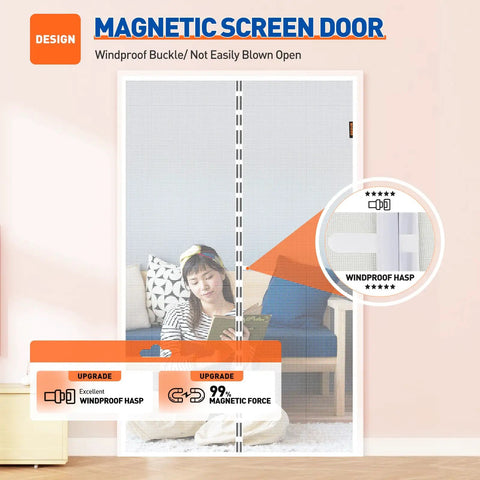 Magnetic Screen Door Fits 72 By 80 Inches Openings With 74 By 81 Inches Screen showing windproof design
