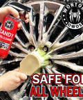Person using Complete All In One Car Wash And Detailing Kit With Soap Interior Cleaner Wheel Cleaner Wheel Brush Drying Towel And More For Cars Trucks SUVs And RVs A Great Gift For Car Lovers And DIY Detailing Fans on wheel