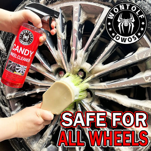 Person using Complete All In One Car Wash And Detailing Kit With Soap Interior Cleaner Wheel Cleaner Wheel Brush Drying Towel And More For Cars Trucks SUVs And RVs A Great Gift For Car Lovers And DIY Detailing Fans on wheel