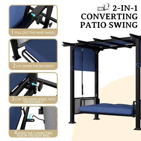 Three Seat Porch Swing Bed With Adjustable Curtains And Cushions For Outdoor Metal Patio Hammock Swing Chair Porch Conversion Steps