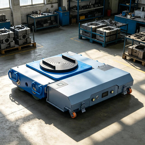 Heavy Duty Electric Transfer Cart With Trackless Design And Slick Wireless Remote Control For No Sweat Moving During Industrial Material Handling On A Rock Solid 360 Degree Rotating Turntable For Factory Warehouses, showing a trackless cart in a spacious factory.
