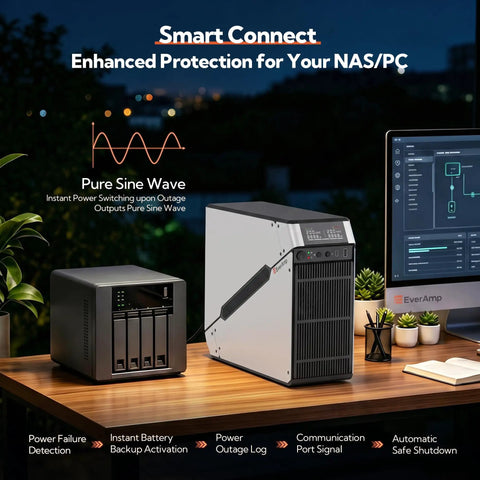 Rock Solid LiFePO4 Ups Battery Backup And Surge Protector With Pure Sine Wave Output And Eight Outlets Dual Metal Case on desk with NAS and PC.