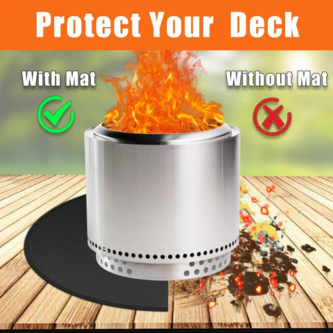 Round Fire Pit Mat 47In Fireproof Deck Protector for under fire pits demonstrating heat protection on wooden deck