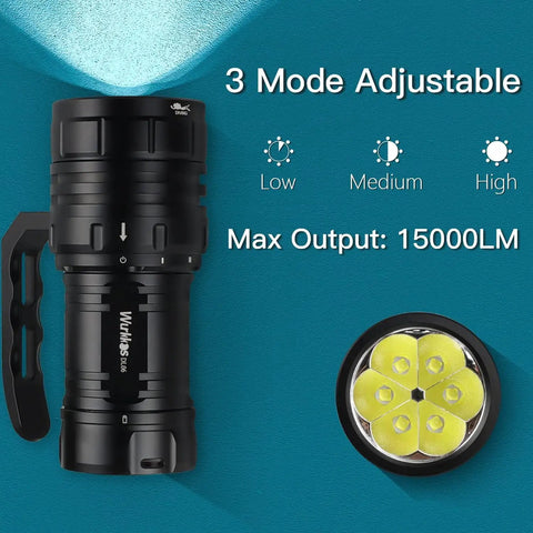 Beast-Mode 15000 Lumen Scuba Dive Light With Type-C Rechargeable, Six XHP50 LEDs, 3 mode adjustable, black design