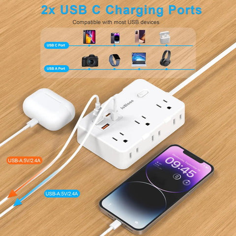 Heavy Duty Surge Protector Power Strip With Six Separated AC Outlets And Dual USB C Plus Dual USB A Ports Five Foot Extension Cord Plug And Play Design For No Fuss Multidevice Charging on wooden table with phone charging.