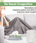 Woman using tissue with Humidifier Filter C Replacement 4 Pack and box on table, showcases continuous humidity comfort.