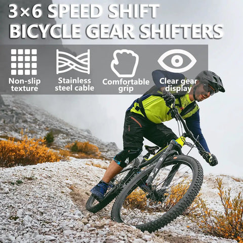 Biker using Two Pack Universal Bike Gear Shifters 3x6 Speed Revoshift Trigger Levers For MTB And Folding Bikes on rocky trail