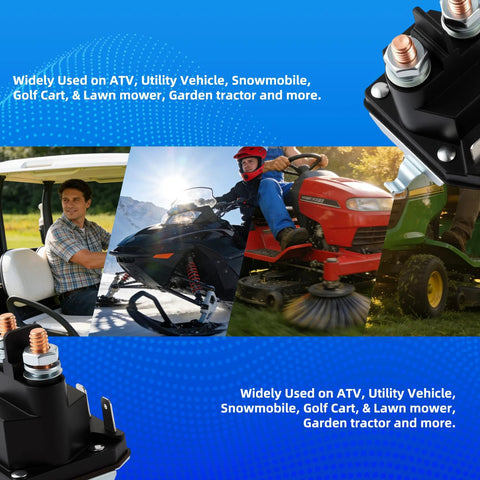 Two starter solenoid relays for riding lawn mowers; black plastic housing with copper terminal studs (front/side views)