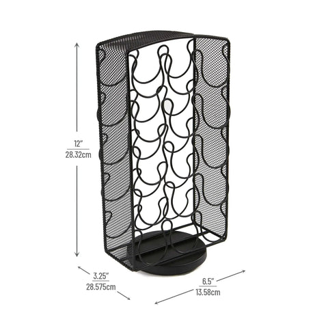 Single Serve Coffee Pod Carousel Organizer For Breakrooms, 30 Pod Capacity, Metal Mesh Spinner Rack, black side angle view