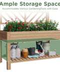Wooden Elevated Garden Bed With Trellis On Sturdy Legs Free Standing Planter Box With Storage Shelf 47 By 24 By 55 Inches Space Saving Design For Flowers Herbs Veggies And Climbing Vines On Patios And Balconies with ample storage space highlighted below.