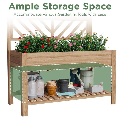 Wooden Elevated Garden Bed With Trellis On Sturdy Legs Free Standing Planter Box With Storage Shelf 47 By 24 By 55 Inches Space Saving Design For Flowers Herbs Veggies And Climbing Vines On Patios And Balconies with ample storage space highlighted below.