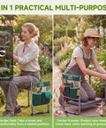 2-In-1 Garden Kneeler And Work Seat That Converts Between Kneeling And Sitting, shown in use with tool handbag attached.