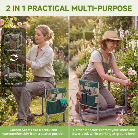 2-In-1 Garden Kneeler And Work Seat That Converts Between Kneeling And Sitting, shown in use with tool handbag attached.