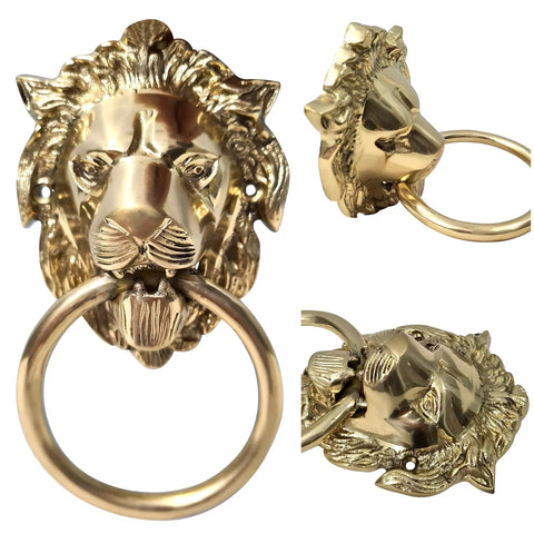 Vintage Brass Lion Door Knocker and Gate Pull with Solid Brass Finish Embossed Lion Mouth Design 7x4x2 Inch