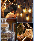 Outdoor scene with illuminated light strings around a tree, wall, fountain, and chair, showcasing holiday and yard decor lighting.