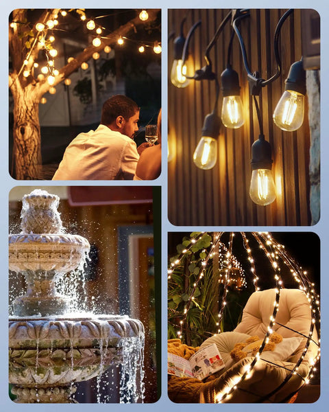 Outdoor scene with illuminated light strings around a tree, wall, fountain, and chair, showcasing holiday and yard decor lighting.