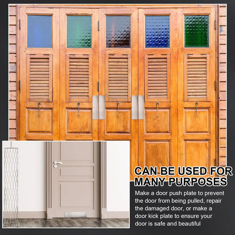 Heavy Hitter 14 Pack Stainless Steel Door Kick Plates 16 X 4 Inch Brushed Metal Push Protectors installed on wooden doors.