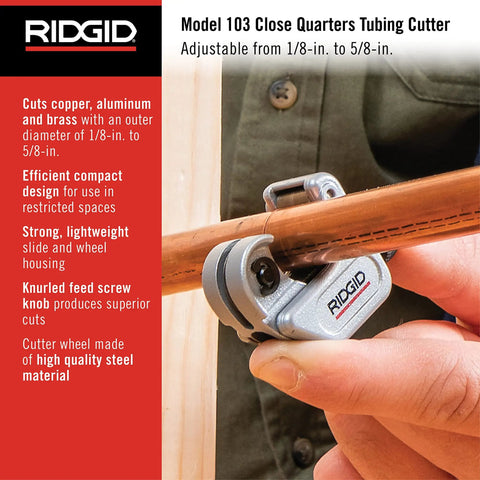 Close Quarters Tubing Cutter For One Eighth To Five Eighths Inch Copper Aluminum Brass And Plastic Tubing in use cutting pipe