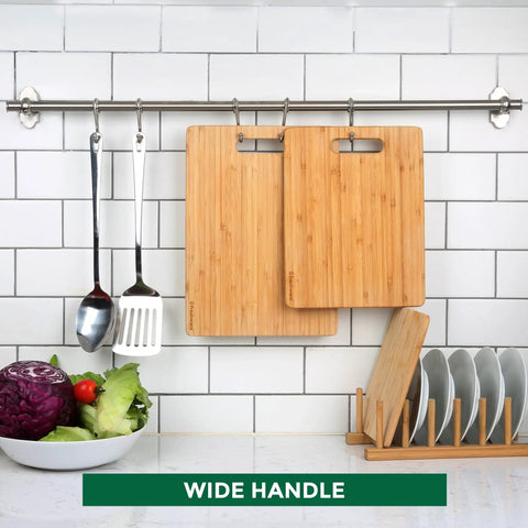 Bamboo Cutting Board Set of 3 for Kitchen hanging on rack, showcasing knife friendly food grade chopping boards.