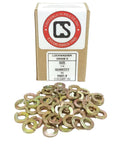 Lock washers, Grade 8, 1/4 in, 50 pcs; zinc-gold finish, box with Chenango Supply Co. logo