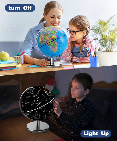 Children using Illuminated 8 Inch World Globe With Constellation Night Light For Kids And Adults, Educational Desk Globe.
