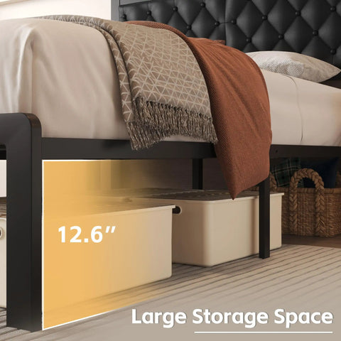 Queen Platform Bed Frame With Swanky PU Leather Upholstered Headboard And Plush Memory Foam Backrest Heavy Duty Metal Slat Support Hidden Underbed Storage No Sweat Setup Black showing 12.6 inch storage space.