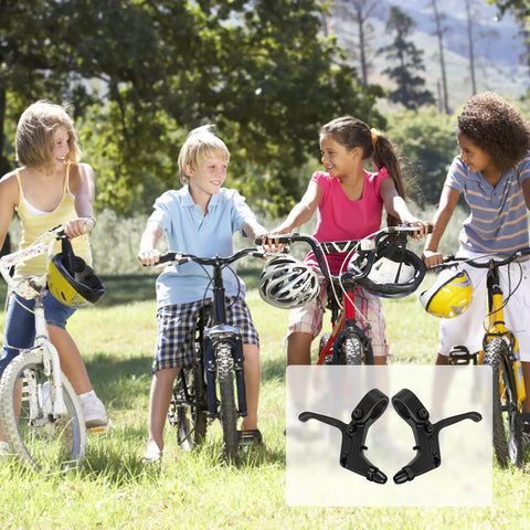 Children on bikes with Two Pieces Two Finger Bicycle Brake Levers For Mechanical And Linear Pull Brakes Aluminum Alloy Adjustable V Brake Levers For Small Hands Black Kids Bike Accessory displayed inset.