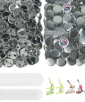 Onemorello 32 mm button maker parts: metal button backs and fronts, blank insert discs, and handheld presses